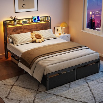 Furnulem Full Size Bed Frame with Headboard Storage Platform Bed Frame Full Size with 2 Drawers Charging Station and LED Lights No Box Spring Needed