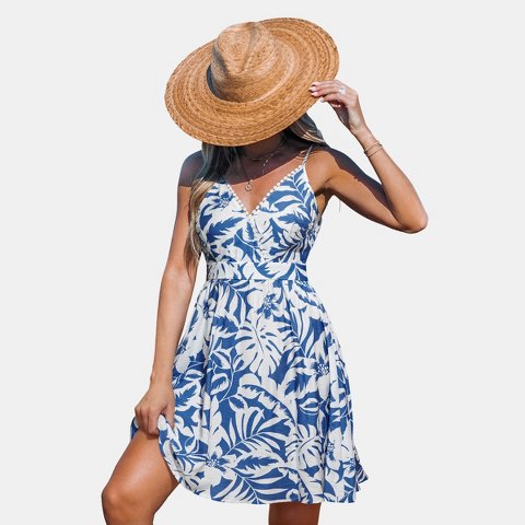 Женские платья Cupshe Women's Tropical Botanical Print Beach Dress-M-Blue