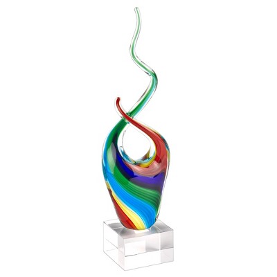 HomeRoots 14" Clear Red Blue Yellow Murano Glass Modern Abstract Tabletop Sculpture