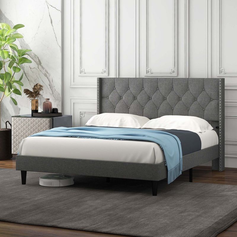 Costway Full/Queen Size Upholstered Platform Bed Button Tufted Headboard Mattress Foundation, 1 of 11