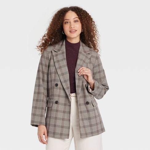 Double breasted plaid blazer womens hotsell