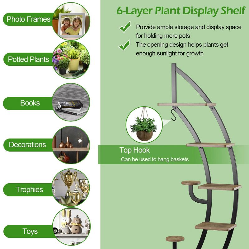 Tangkula 2 PCS 6 Tier 9 Potted Metal Plant Stand Curved Stand Holder Display Shelf w/ Hook, 5 of 10