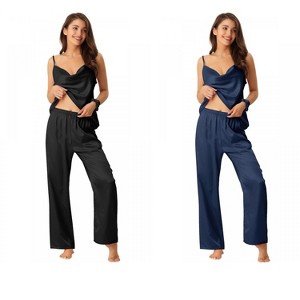INSPIRE CHIC Women's 4 Pcs Satin Sleepwear Cowl-Neck Cami & Long-Pant Silky Loungewear Set - 1 of 4