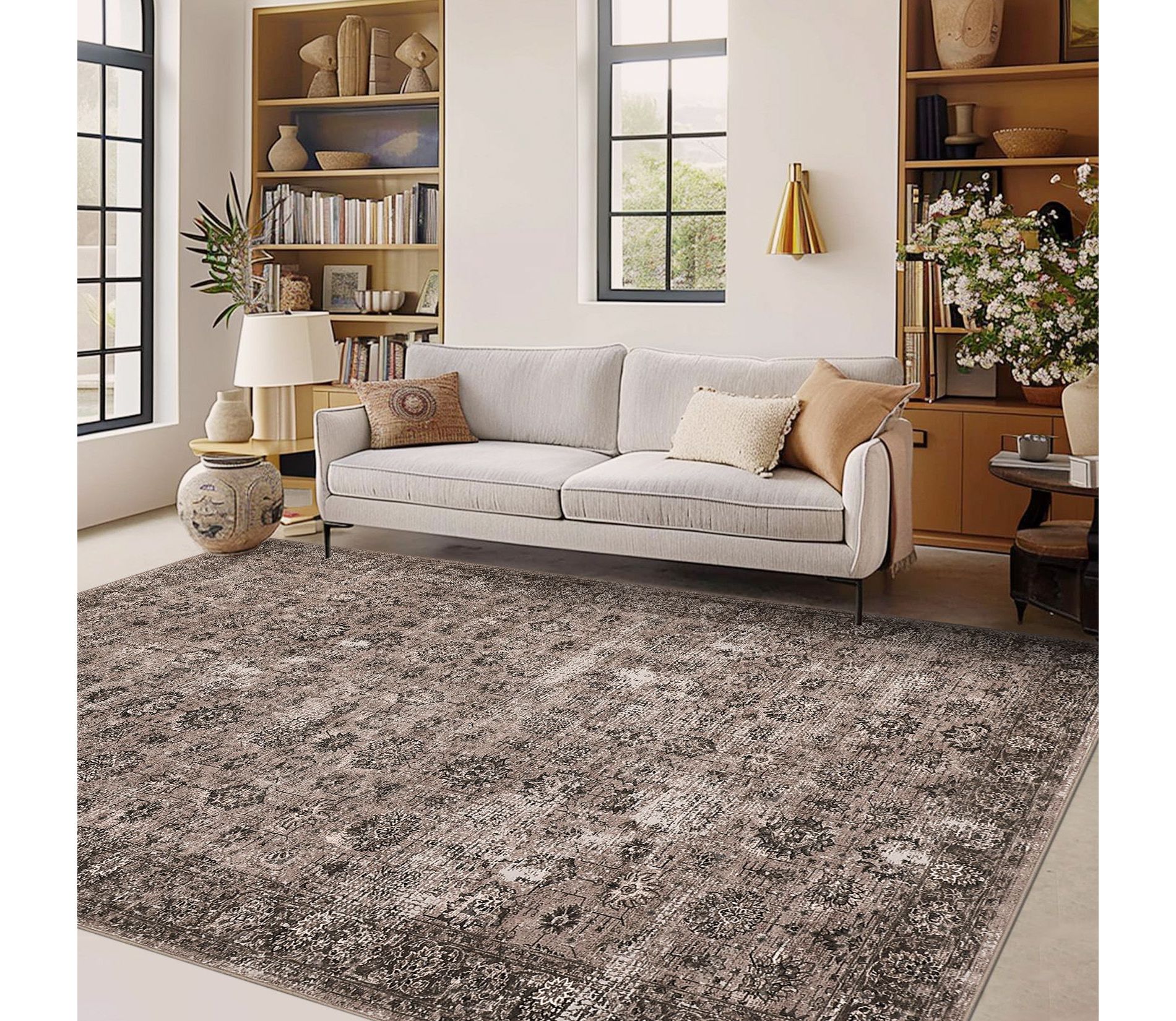 Washable Rugs,Area Rug for Living Room Bedroom, Washable Brown Rug Vintage Print Carpet