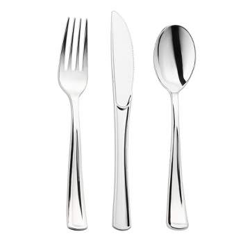 Smarty Had A Party Shiny Metallic Silver Plastic Cutlery Combo Set - 60 Spoons, 60 Forks and 60 Knives (120 Guests)