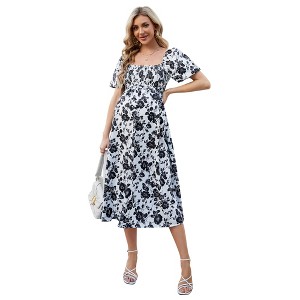 Clearlove Women 2025 Puff Sleeve Square Neck Dresses Smocked Aline Ruffle Tiered Flowy Beach Dress - 1 of 4