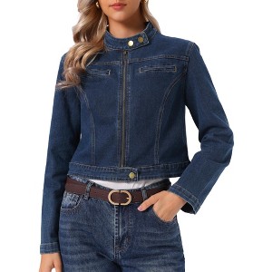 INSPIRE CHIC Women's Zip Front Stand Collar Long Sleeve Moto Denim