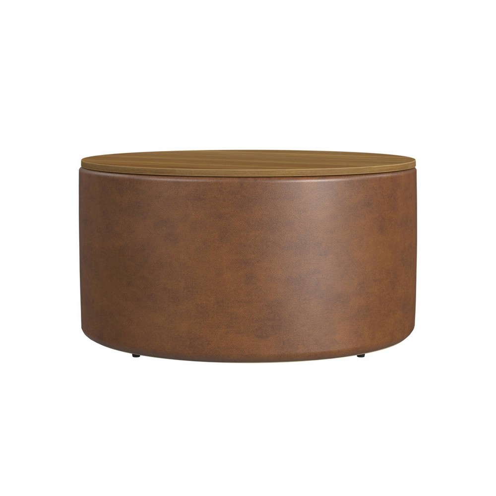 Wood Top Storage Ottoman Brown Faux Leather - HomePop: Modern Round Upholstered Bench, Easy to Assemble