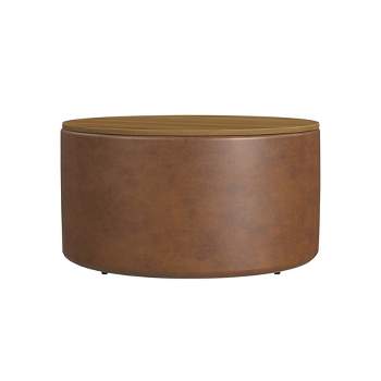 Wood Top Storage Ottoman Brown Faux Leather - HomePop