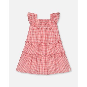 Deux par Deux Girl Smocked Layered Dress with Frill Sleeve Checked Pink - 1 of 4