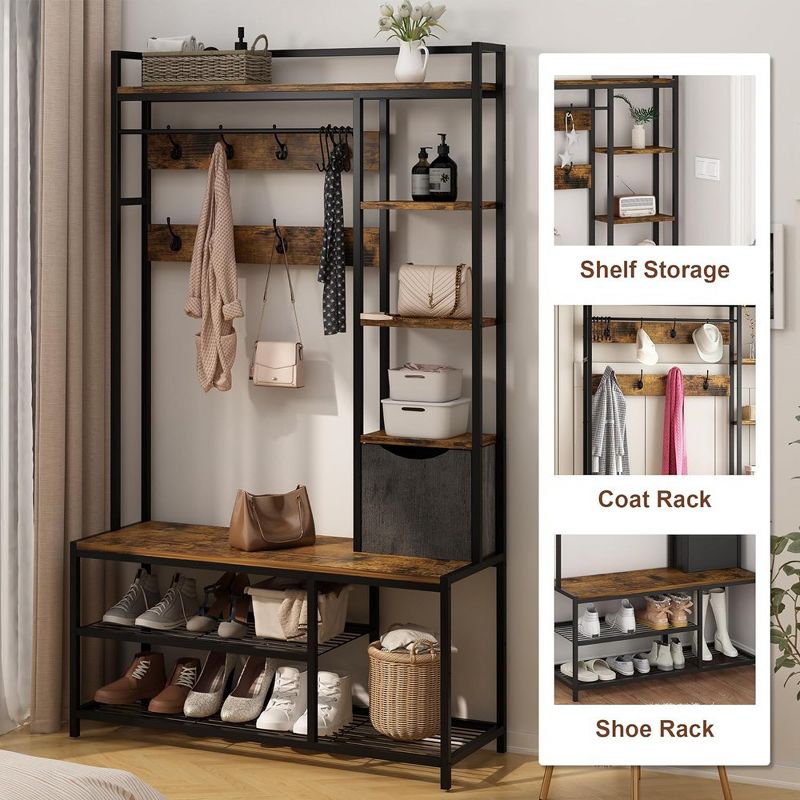 Shoe Clothes Rack for Entry, Hall Tree Shoe Bench, 5 in 1 Coat Rack Set, Storage Rack, Wooden Clothes Rack, for Bedroom Corridor Office, Brown, 2 of 8