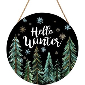 Lomsoe Hello Winter Welcome Sign Winter Wreaths Winter Trees Wood Door Hanger Christmas Snowflakes Round Hanging Sign Christmas Gift 8x8Inch - 1 of 1