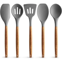 Zulay Non-Stick Silicone Utensils Set with Authentic Acacia Wood Handles 5 Piece Silicone Cooking Utensils Set