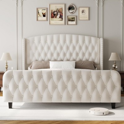 Bed Frame with Deep Button Tufted Wingback Headboard and Footboard, Velvet Upholstered Platform Frame, No Box Spring, Easy Assembly