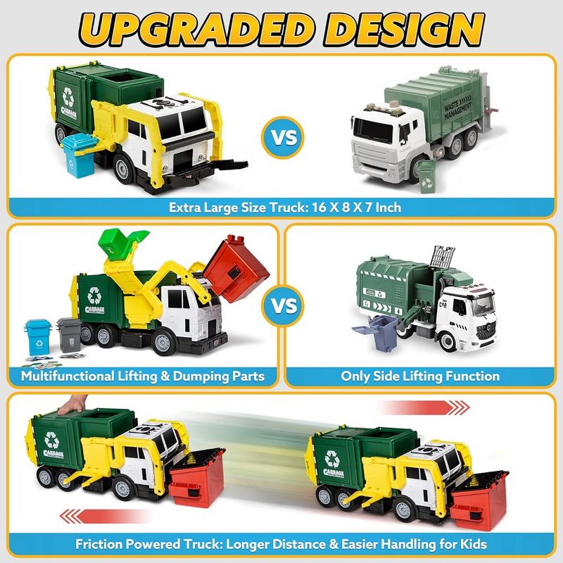 Garbage Truck Set, 16" Large Trash Truck Toys for Boys with Trash Can Lifter and Dumping Function, Toy Truck Birthday Gift for Boy Age 2-7 Years Old, 2 of 6