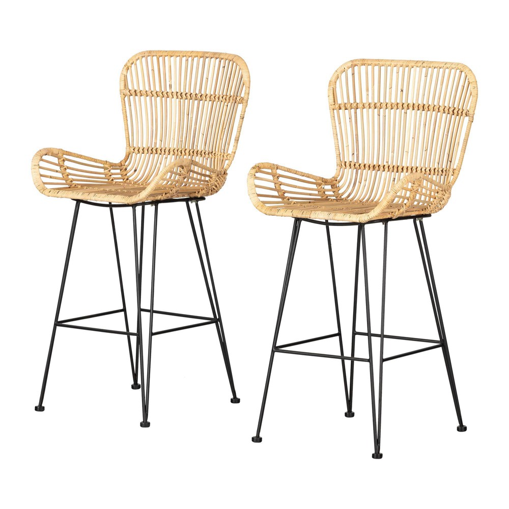 Photos - Chair 2pk Balka Rattan Counter Height Barstool with Armrests Rattan/Black - Sout