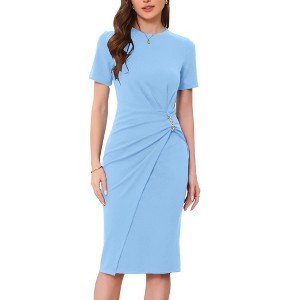 short office dress Berylove Women Ivory Pleated Work Dress with Short Sleeves Bodycon Round  Neck Graduation Dress