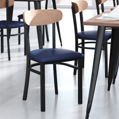 Ultra-Resilient Blue Vinyl & Birch Wood Boomerang Back Dining Chair
