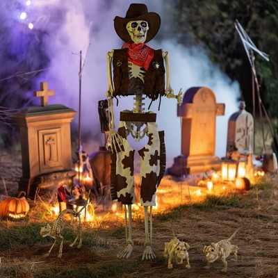 Yescom 5.4 Ft Life Size Cowboy Skeleton w/ 2 Pcs Dachshund Dog & 1 Pcs Cat Skeleton Party Decorations 2025 Brown