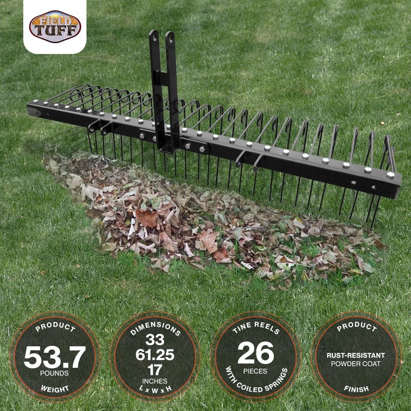 Field Tuff Steel Spring Coil Tine Tow Behind Landscape Rake for Leaves, Pine Needles, Straw, and Grass with 3 Point Hitch Receiver Attachment, Black, 3 of 7