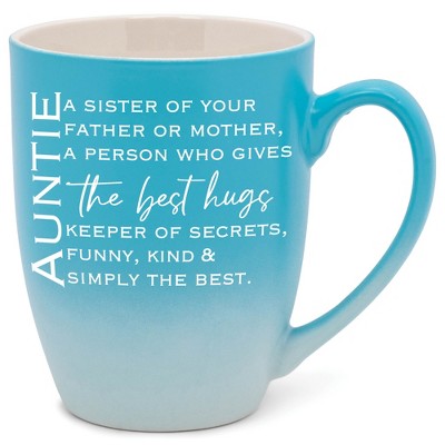 Auntie: Sister Of Your Far Or Mor, Gives Best Hugs, Keeper Of Secrets, Funny, Kind, Best Two Toned Matte Pale Blue White 12 ounce Ceramic Stoneware