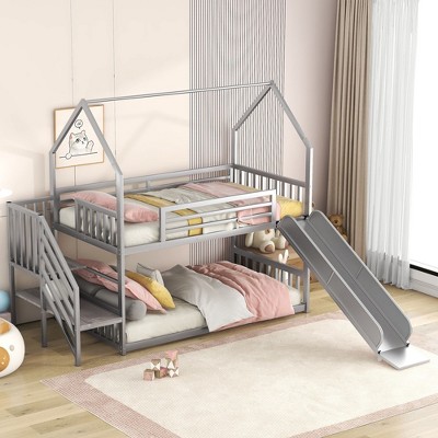 NicBex Twin over Twin Bunk Bed with Guardrail and Convertible Slide,House Loft Bed with Built-in Ladder,Noise Reduced Bunk Beds for Bedroom