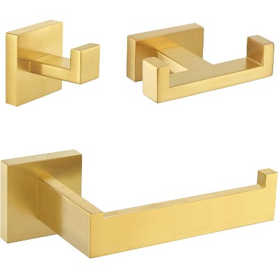 Mixxidea Square Single Towel Hook Bundle with Double Towel Hook, Toilet Paper Holder (Brushed Gold)