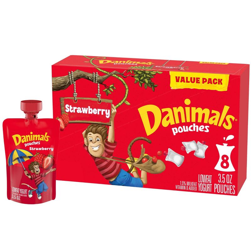 Danimals Strawberry Kids&#39; Squeezable Yogurt - 8ct/3.5oz Pouches, 1 of 16