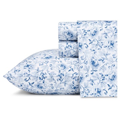 LAURA cheapest ASHLEY Vanessa BLUE White COTTAGE FLORAL Cotton QUEEN SHEET Set 4PC New