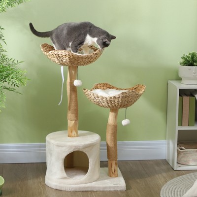 Cream White 37" Cat Tree with Wooden Posts and Cushions