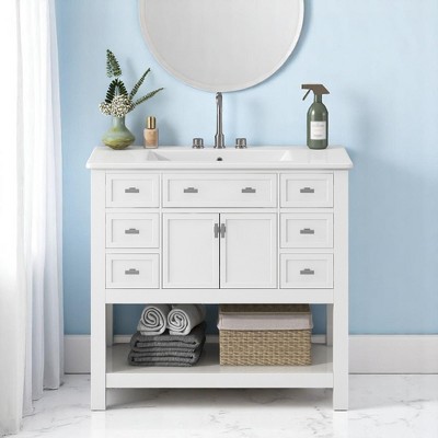 Mshliw 36 Inch Modern Bathroom Vanity with Ceramic Sink, Freestanding Cabinet with 6 Drawers and 2 Soft Close Doors