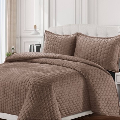 Tribeca Living Queen Lugano Honeycomb Velvet Oversized Quilt Bedding Set Taupe: Machine Washable, Polyester Fill — фото 2
