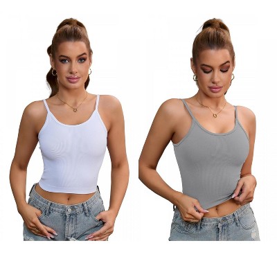 INSPIRE CHIC 2 Pcs Women's Adjustable Sleeveless Tank Ribbed Spaghetti Straps Shapewears Camisoles