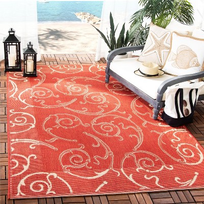 Red and Natural Square Indoor/Outdoor Polypropylene Rug