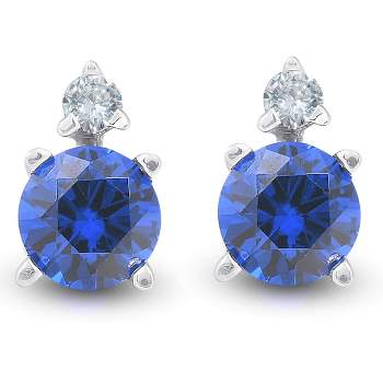 Pompeii3 3/4 cttw Diamond & Synthetic Blue Sapphire Studs 14k White Gold Womens Earrings