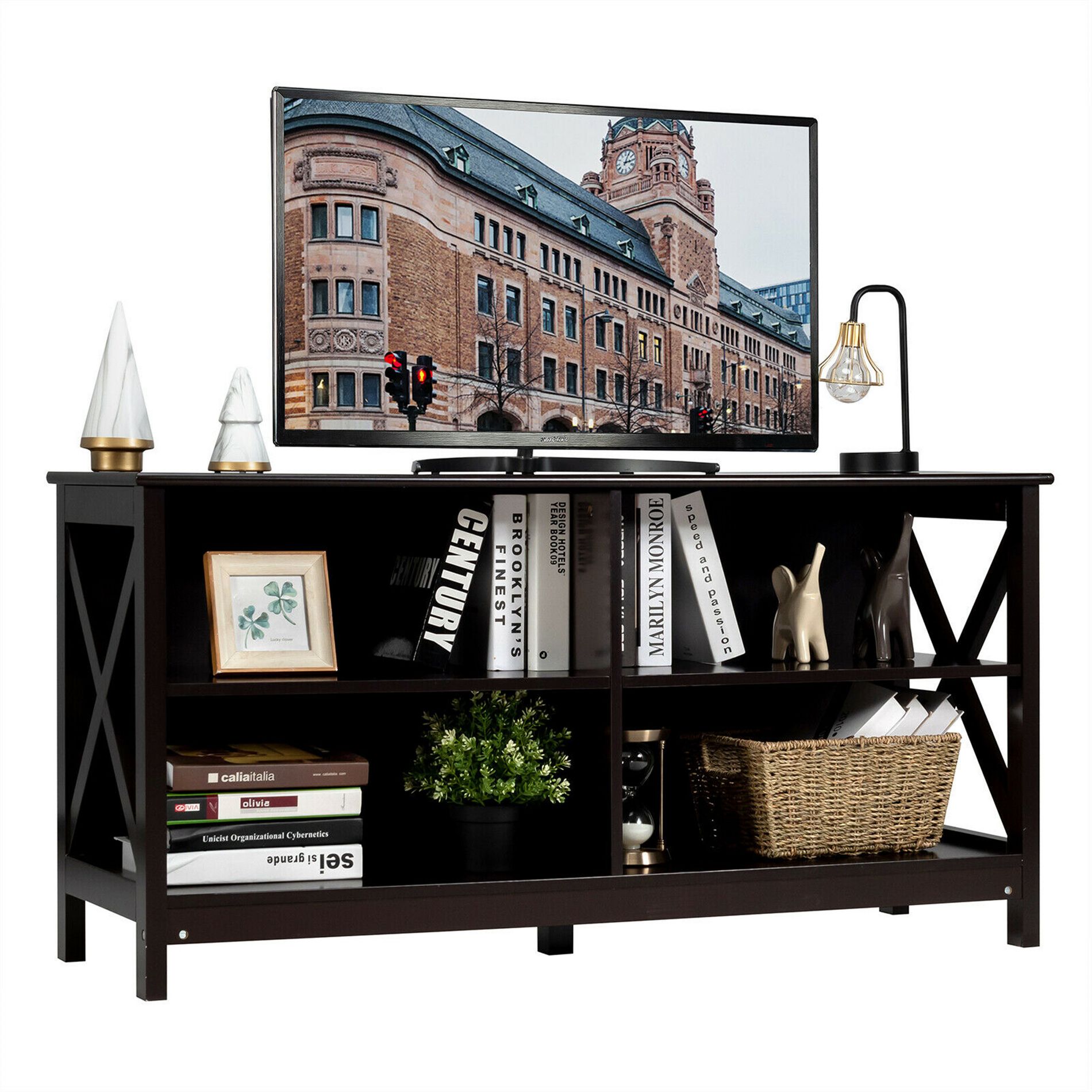 Costway TV Stand Entertainment Media Center for TV's up to 55'' w/ Storage Shelves Brown/Gray/White