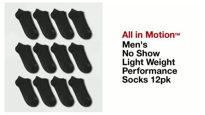 Men&#39;s No Show Light Weight Performance Socks 12pk - All In Motion&#8482; Black 6-12, 2 of 5, play video