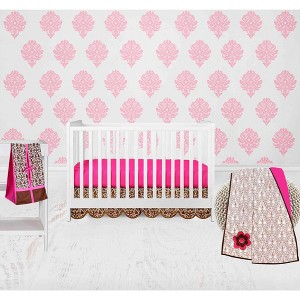 Bacati - Damask Pink Fuschia Chocolate 4 pc Crib Bedding Set with Diaper Caddy - 1 of 4