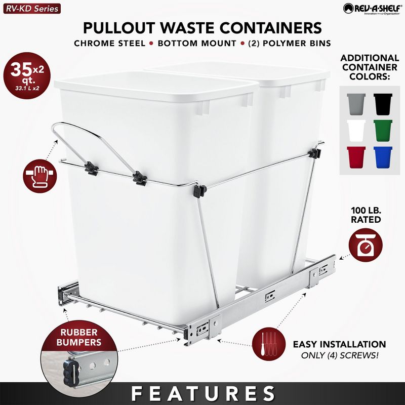 Rev-A-Shelf RV-18KD Series 35-Quart Kitchen Cabinet Pullout Waste Container, 4 of 8