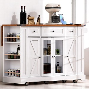 Kitchen Island Cart with Drop Leaf, USB, Glass Doors, 3 Drawers, 5 Storage Shelves, Rolling Cabinet with Lockable Wheels for Dining Room - 1 of 4