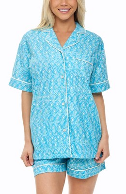 ADR Women's Floral Print Pajamas with Pockets, Button Down PJ Set Blue  White Floral X Large
