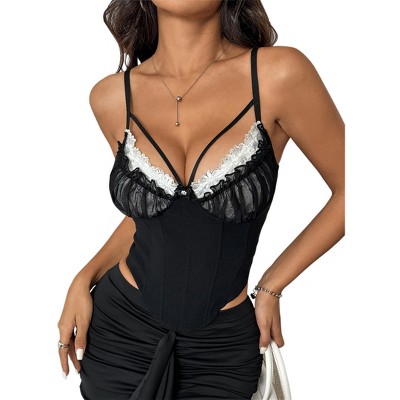 High-End Backless Fishbone Camisole Bra with See-Through Mesh and Lace Splicing