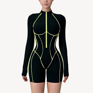 Anna-Kaci Active Women's Long Sleeve Zip Front Active Romper with Neon Piping and Contoured Seams - 1 of 4