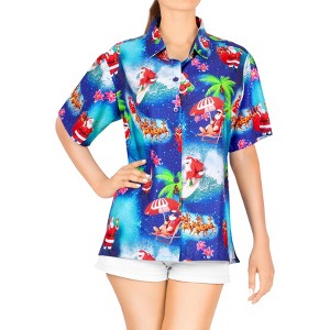 LA LEELA Women's Beach Funny Santa Claus Party Holiday Blouse Shirt Tops Button Down Summer Hawaiian Christmas Dresses for Women - 1 of 4