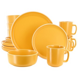 Gibson Home Zuma 16 Piece Round Stoneware Dinnerware Set in Matte Yellow - 1 of 4