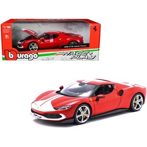 Ferrari 296 GTB Assetto Fiorano Red with White Stripes "Race + Play" Series 1/18 Diecast Model Car by Bburago - 1 of 4