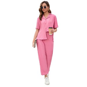 Women's Pleated 2 Piece Outfits Set Summer Long Sleeve Shirt Wide Leg Pants Sets Casual Streetwear - 1 of 4