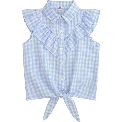 Girls Sleeveless Plaid Button Down Shirt Summer Crop Tops Tie Knot Ruffle Sleeve Shirt Blouse 3-12Y