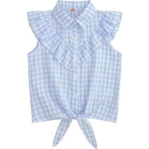 Girls Sleeveless Plaid Button Down Shirt Summer Crop Tops Tie Knot Ruffle Sleeve Shirt Blouse 3-12Y - 1 of 4