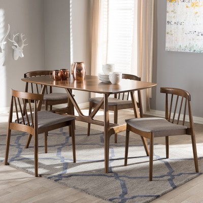 Wyatt Mid-Century Walnut 5-Piece Dining Set with Gray Upholstered Seats